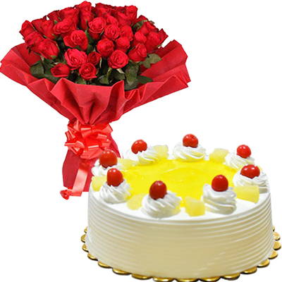 "Round shape pineapple cake - 1kg, 25 red roses flower bunch - Click here to View more details about this Product